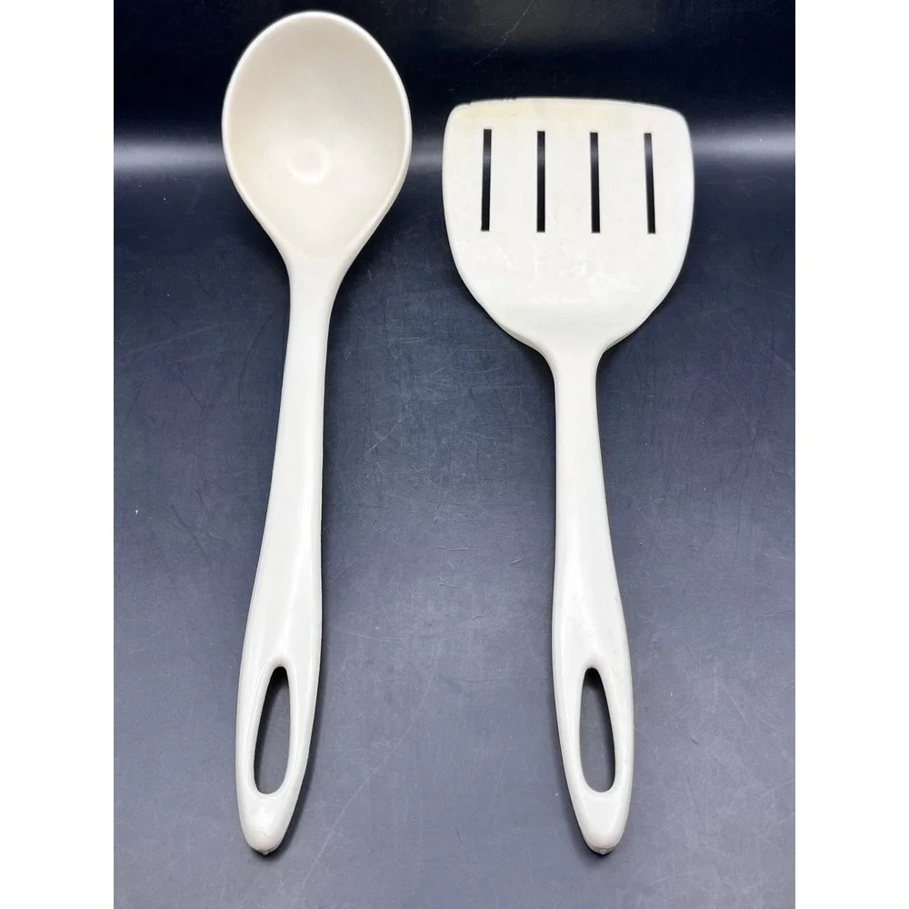 Vtg‎ Plastic Nylon Kitchen Utensil Set Cream Ladle Slotted Spatula MCM As Is